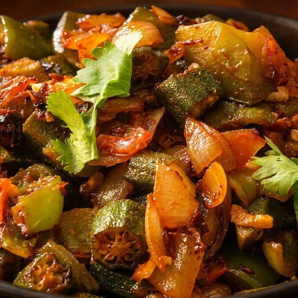 A close-up of a dark bowl filled with cooked okra, onions, and spices, garnished with cilantro.